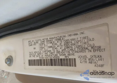 2003 Toyota Sequoia Limited V8 z USA, uszkodzony, nr VIN 5TDBT48A73S145929